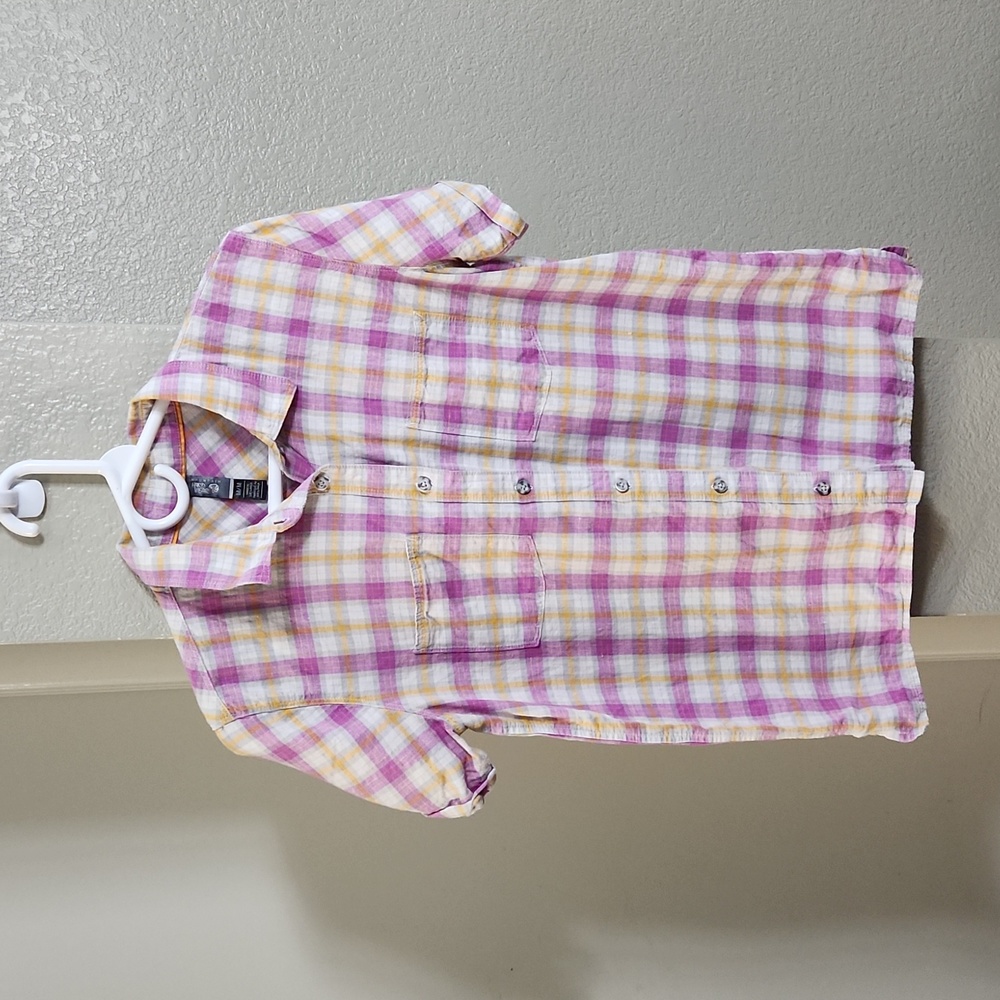 Mountain Hardwear Women's Pink Plaid Linen Blend Button Up Short Sleeve …